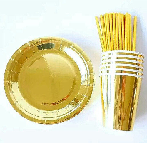 Set Platos Metalicos Carton Vasos Pitillos Suministro Fiesta