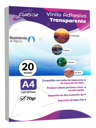 Papel Vinilo Adhesivo Transparente Imprimble Inkjet A4 20hjs