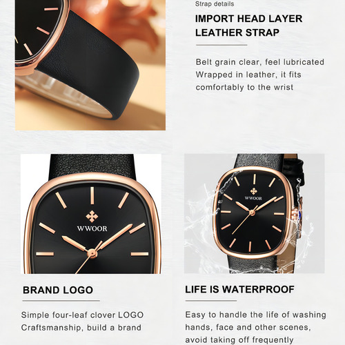 Reloj De Cuarzo Impermeable Cuadrado De Cuero Wwoor Color Del Bisel Blanco Plateado