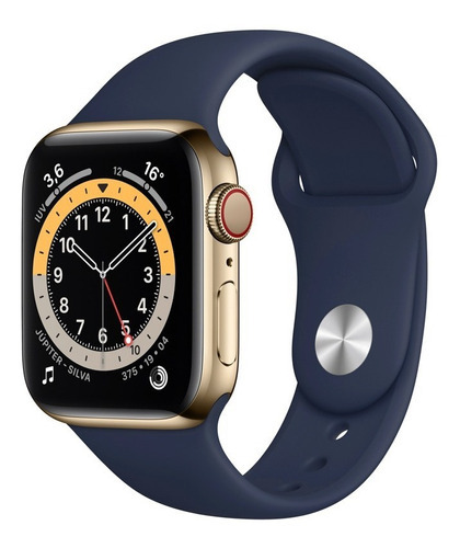 Apple Watch  Series 6 (GPS+Cellular) - Caixa de aço inoxidável dourado de 40 mm - Pulseira esportiva azul-marinho