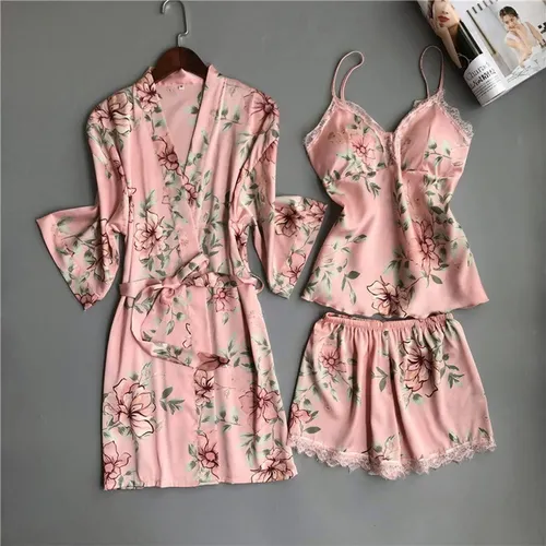 // Conjunto De Falda Sexy De Pijama De Seda For Mujer 5 Pz