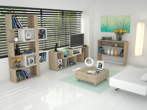Rack Extensible + Biblioteca + Arrimo + Mesa Centro Rovere