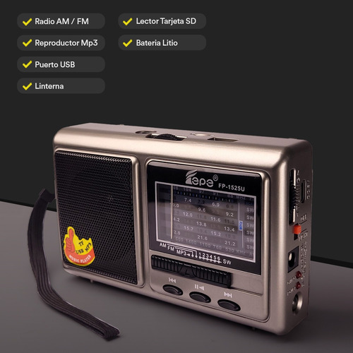Radio Portátil Recargable 8 Bandas Mp3 Usb Epe Fp-1525u