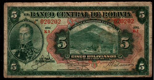 Bolivia Billete De 5 Bolivianos Del Año 1928 Pick #120a.2