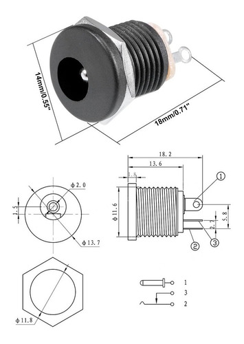 Conector Plug Jack P4 Femea Painel Dc-022 2,1x5,5mm