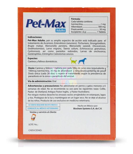 Imagen 4 de 6 de Desparasitante Para Perro Y Gato Adulto Pet Max 6 Tabletas