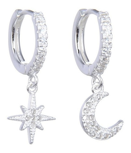 Argollas Tipo Huggies 14mm Luna Y Estrella En Plata 925