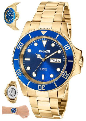 Relógio Magnum Automático Masculino Dourado Prova Dagua Azul