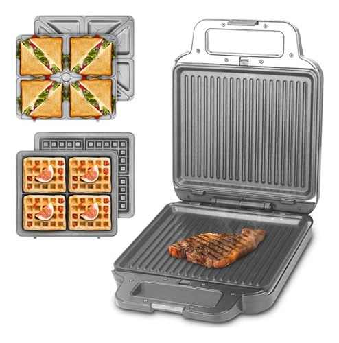 Sandwichera Panini Grill Press Para Desayuno, 3 En 1, Eléctr