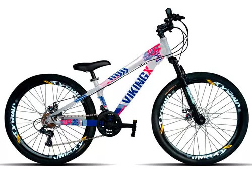 Mountain bike VikingX Tuff 25 aro 26 13.5" 21v freios de disco mecânico câmbios Shimano Tourney cor prata/azul/rosa