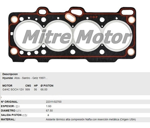 Imagen 3 de 9 de Junta Tapa De Cilindros Hyundai Atos 999cc G4hc Sohc 12v