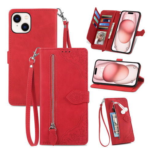 Funda De Piel Tipo Cartera Con Cremallera Para iPhone (roja)