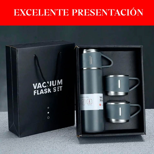 Termo Bebidas Frias Y Caliente + 3 Tazas En Acero Inoxidable Beige