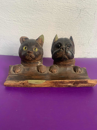 Antiguo Tintero Perro Y Gato Madera