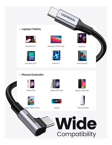 Cabo Usb Angular Ugreen Usb C 2.0 Macho 5a 3metros Preto
