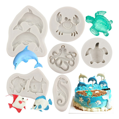 6pcs Molde Silicona Tortuga Pulpo Delfín Rama Fondant Resina