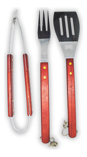 Set Parrillero 3 En 1 Pinzas Espátula Y Tenedor Madera Asado
