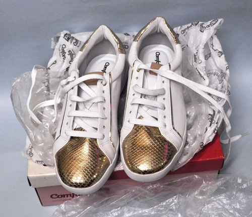 Imagem 9 de 10 de Comfortflex Tênis Nº 37 Branco E Dourado Novo