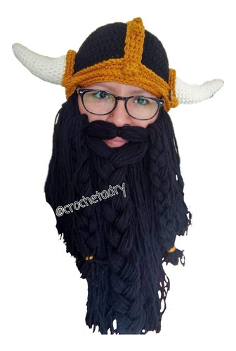 Gorro Vikingo  Negro Con Dorado Barba Desmontable Crochet