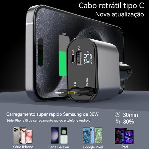 Carregador Turbo De Carro Retrátil Para iPhone Com 2cabo+led