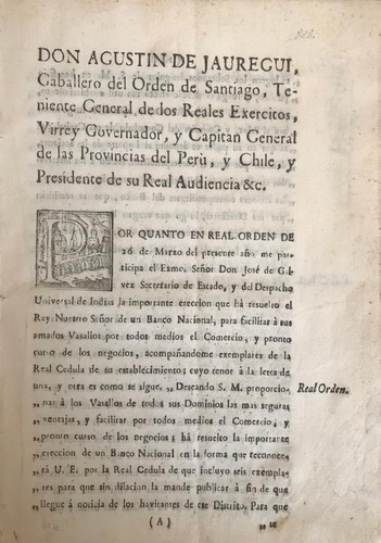Agustín De Jauregui Banco Nacional Colonial Chile 1783