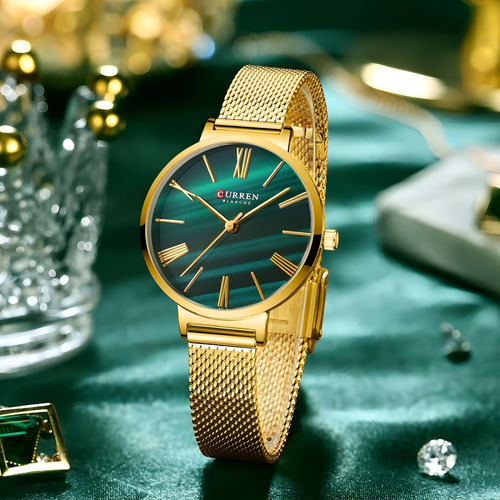 Reloj Casual De Cuarzo Impermeable Con Cinturón De Malla Cur Color De La Correa Dorado/verde