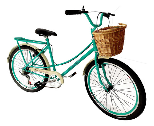 Bicicleta Feminina Aro 26 Retrô C/ Cesta Vime 6 Marchas Mary Cor Verde Tamanho Do Quadro 17