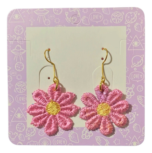 Aretes Tejidos En Crochet - Flor Rosada Colgante