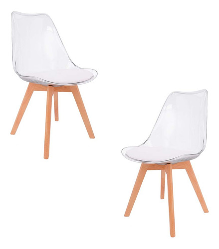 Set De 2 Sillas Tulip Transparente Patas Madera Y Almohadon 