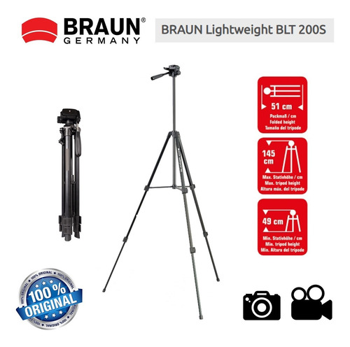 Imagen 2 de 6 de Tripode Braun Lightweight Blt 200 Para Camara Aluminio 1.45m 2kg Plegable Con Funda Y Adaptador Soporte Celular Lelab