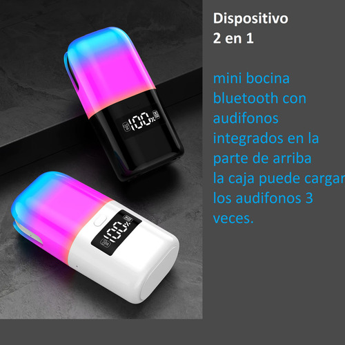 Audífonos Inalámbricos Y Mini Bocina Portátil Bluetooth 2 En 1 Audífonos Blancos Con Botones Táctil Bocina Con Luces Led Para Espectáculo De Colores
