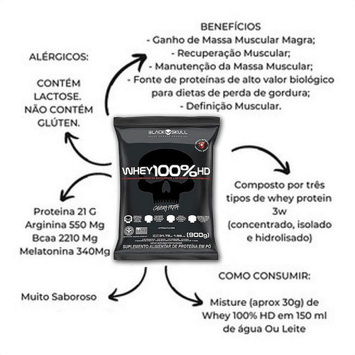 Kit Whey Black Skull 900g Sabor Morango Creatina Turbo 150g