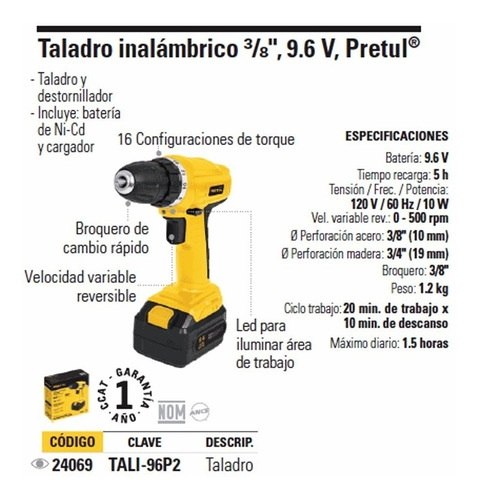 Taladro Destornillador Inalambrico 3/8 12 V Pretul Ion Litio