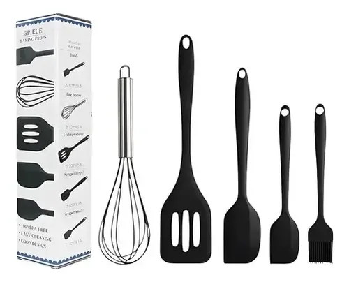Kit 5 Utensilios Cozinha Silicone Espatula Fue Pincel Colher