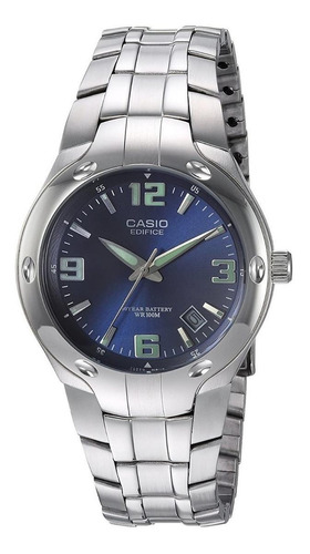 Reloj pulsera Casio Edifice EF-106 de cuerpo color plata, analógica, para hombre, fondo azul, con correa de acero inoxidable color plata, agujas color plata y verde, dial verde y plata, minutero/segundero blanco, bisel color plata y desplegable