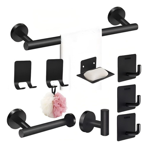 ​Juego JIAJIAZI de 9 accesorios para baño en color negro, incluye toallero, ganchos, jabonera y soporte para papel higiénico, diseño moderno y funcional, ideal para baños contemporáneos