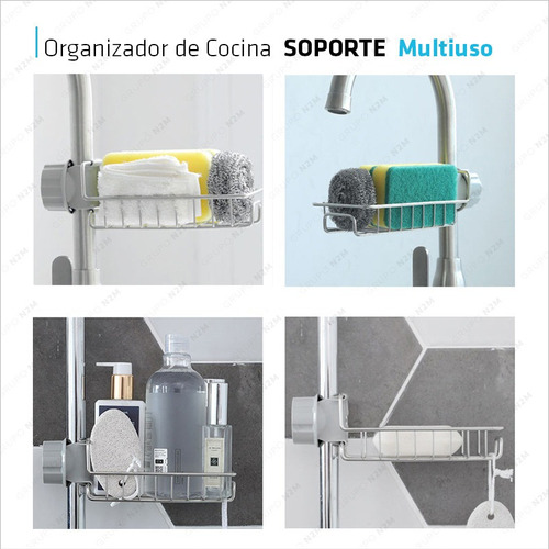 Imagen 5 de 10 de Soporte Porta Esponja Ajustable Canilla Cocina Baño Cromado