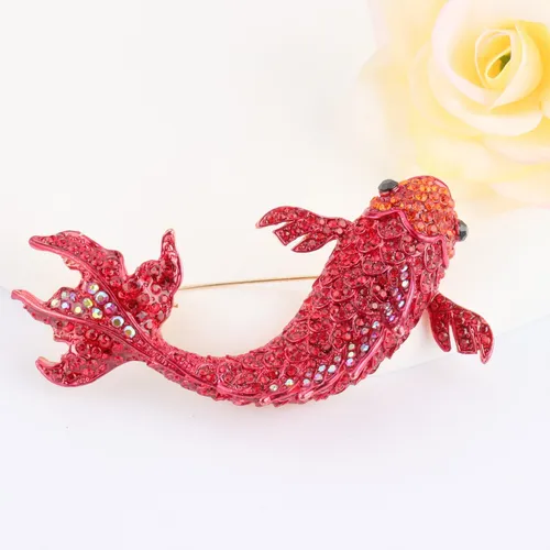 Broche De Carpa De Pez Koi Rojo Con Diamantes De Imitación,