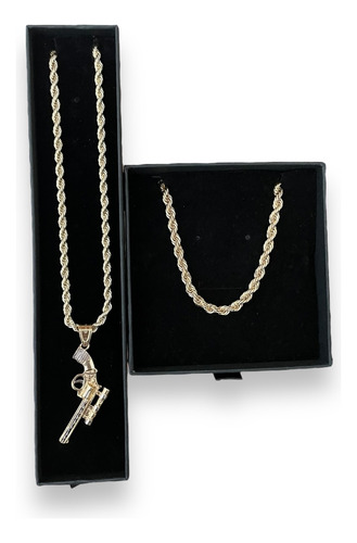 Kit Revólver Cadena Pulso Y Dije En Baño De Oro 18k