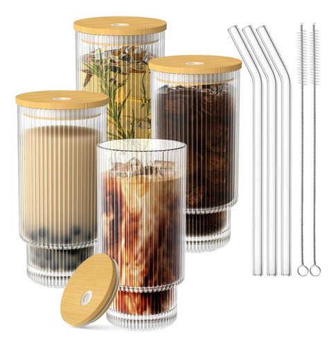 Vaso Tapa Madera Bambu Sorbete De Vidrio Aesthetic 500ml