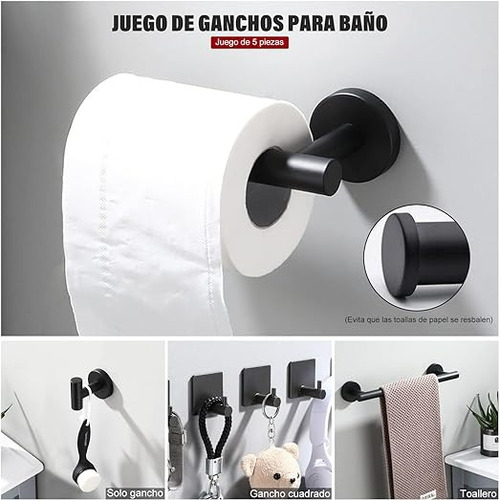 Set De 5 Accesorios De Baño En Acero Inoxidablenegro Y Plata