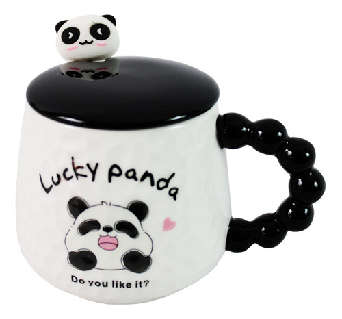 Taza Oso Panda De Ceramica Tapa Y Cuchara Kawaii B-8291