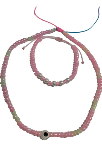 Set Combo Juego Collar Chocker Y Pulsera Ojo Turco Rosa 