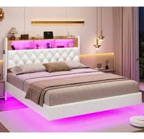 Comprar Base De Cama De Tamaño Matrimonial Con Almacenamiento De Cabecero Y Luces Led, Marco De Cama De Plataforma Tamaño Matrimonial Con Estación De Carga, Cama Tapizada De Terciopelo Con Cabecera De 202x137