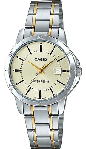 Reloj Casio De Dama Modelo Ltp-v004 Metal Combinado Color del bisel Plateado Color del fondo Dorado