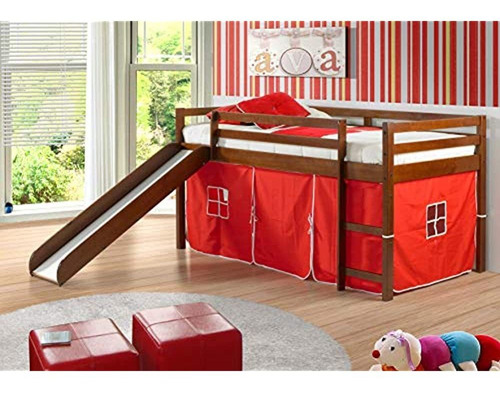 Donco Kids Low Loft Bed With Slide With Tent, Twin, Light Es