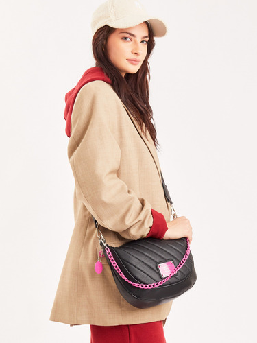 Cartera De Hombro Andes Chica Tote Juanita Jo Mujer Dama Negro Con Fucsia Lisa