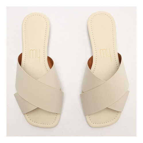Imagem 4 de 6 de Sandália Feminina Rasteira Baixa Flat Tira X Branco My Shoes