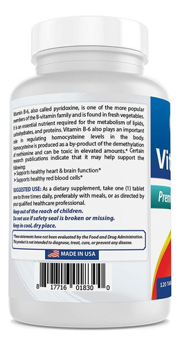 Vitamina B6 Premium Piridoxina Hcl 200mg 120 Tabs Eg Bb68 Sabor Nd