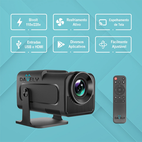 Mini Projetor Hy320 Davely Smart Tv Bluetooth5 Wifi6 4k 390ansi Android Preto 110v/220v